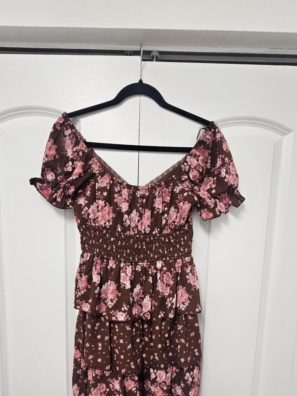 Off-Shoulder Brown Floral Mini Dress with Pink Roses (With Free A GIFT)
